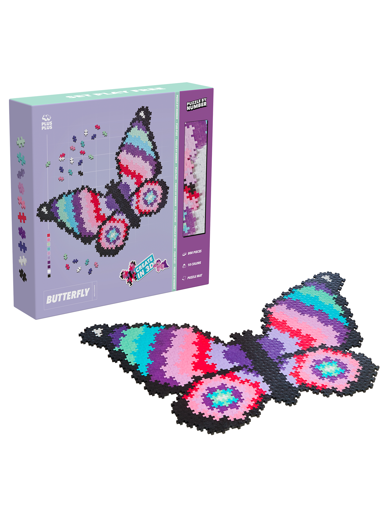 Plus-Plus Puzzle By Number Butterfly set with 800 colourful pieces and template to build a large 2D butterfly by matching numbers and colours